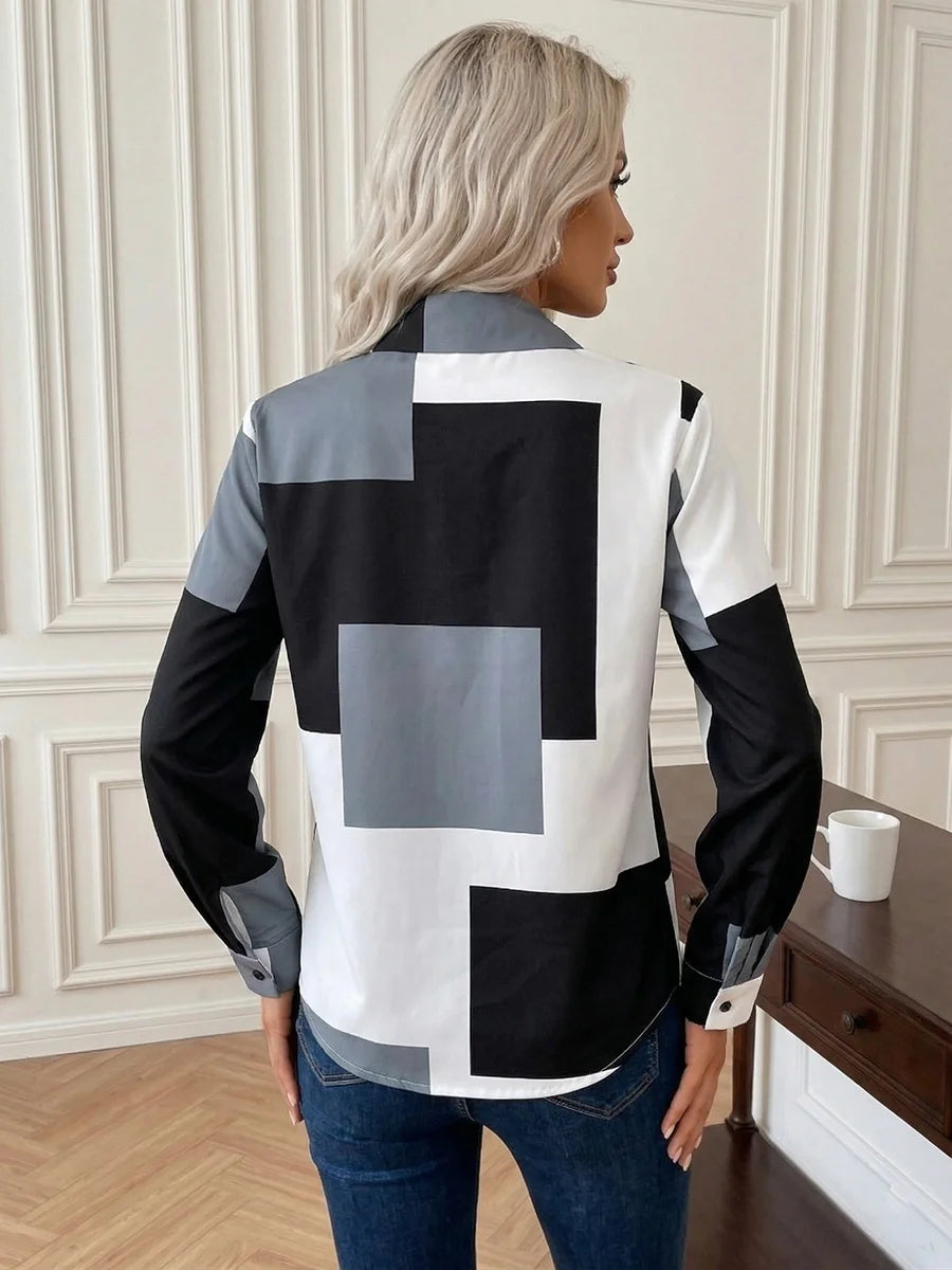 Women Blouse Shirt "Block Patchwork Shirt Long Sleeve Button Up Blouses Casual Loose Office Lady Turn-down"