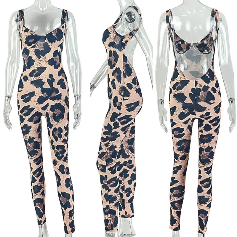 Women Jump Suit "Sexy Spaghetti Strap Leopard Jumpsuit Woman Overalls Party Club Night Skinny Elastic Backless"