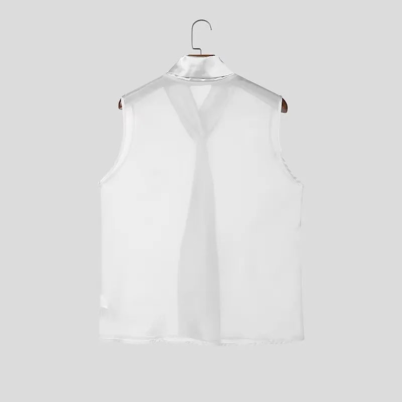 Men Tank "See Through Sleeveless, Tie Neck"