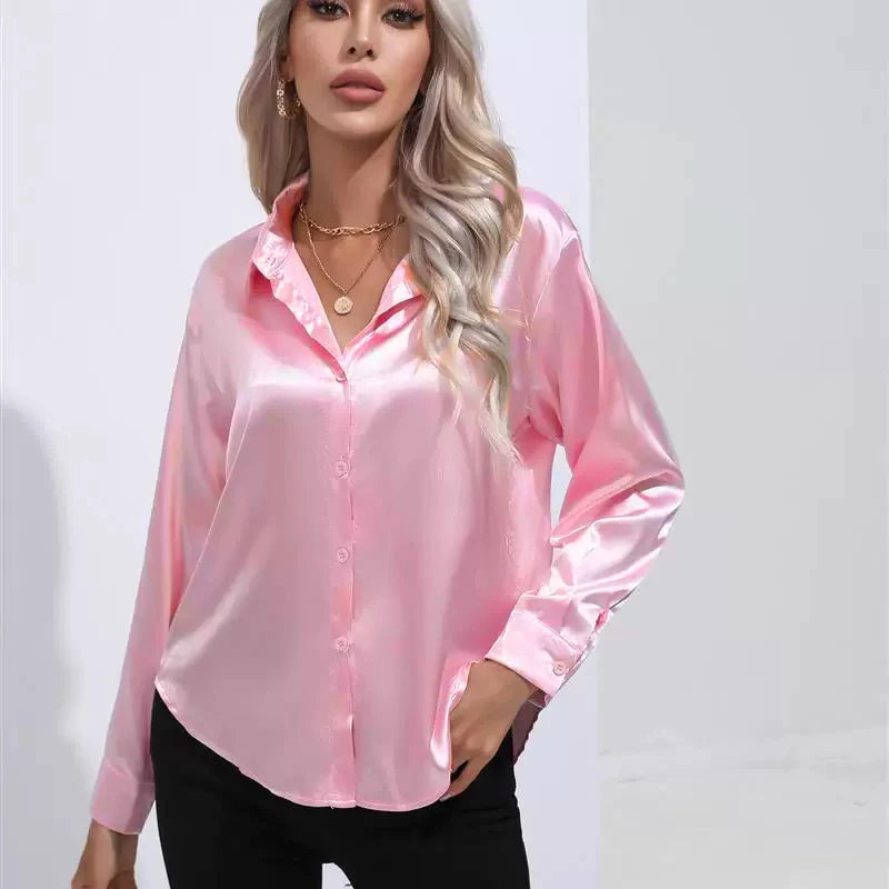 Women Blouse & Shirt "Autumn Casual Women's Blouses Elegant Satin Multicolor Basic Slim Shirt"