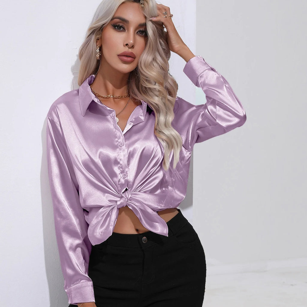 Women Blouse & Shirt "Autumn Casual Women's Blouses Elegant Satin Multicolor Basic Slim Shirt"