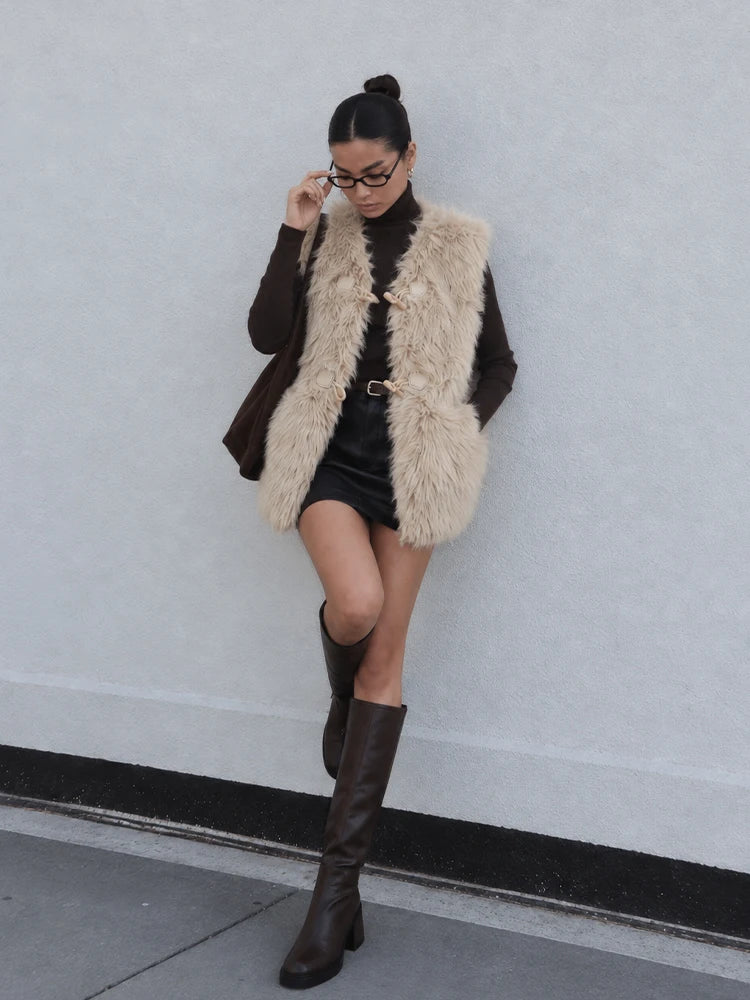 Women Coat & Jacket "HH Women Vintage Beige Faux Fur Vest V‑Neck Horn Button Sleeveless Plush Waistcoat"