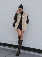 Women Coat & Jacket "HH Women Vintage Beige Faux Fur Vest V‑Neck Horn Button Sleeveless Plush Waistcoat"