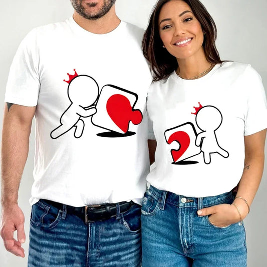 CartoongirlboyheartshapedpuzzleprintcoupleTshirt shortsleeved loose king queenTshirt fashionable trendcouplehirt women's T-shirt