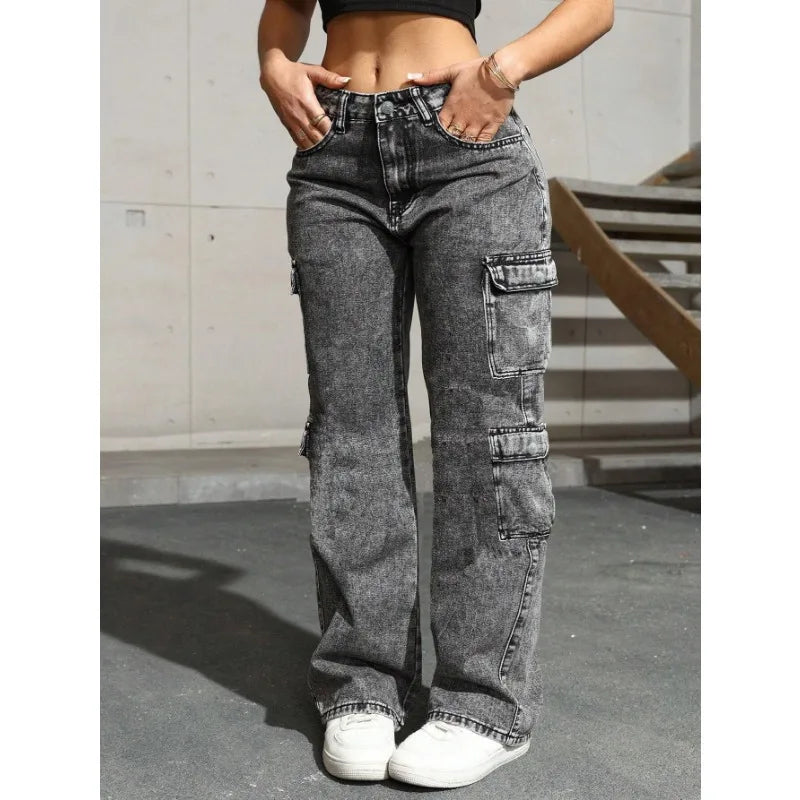 Womens Jeans "Y2k Jeans High Waist Stretch Cargo Pants Multiple Pockets Casual Trousers For Ladies Fashion Retro Style"