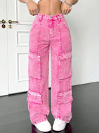 Women Jeans "Pink Cotton Women's Wide-Leg Loose-Fitting Multi-Pocket Y2K Jeans"