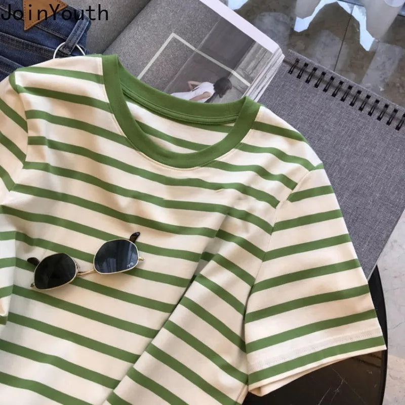 Cotton Shirts for Women Striped Chic T Shirts 2025 Ropa Mujer Short Sleeve O-neck Tees Casual Korean Y2k T-shirts Oversized Tops