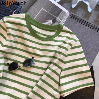 Cotton Shirts for Women Striped Chic T Shirts 2025 Ropa Mujer Short Sleeve O-neck Tees Casual Korean Y2k T-shirts Oversized Tops