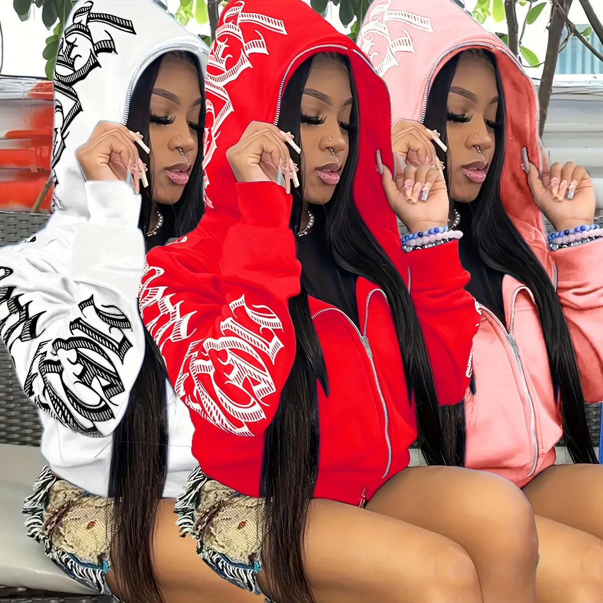 Women Sweaters & Hoodies "Letter Print Long Sleeve Zip Up Hoodies, Cyber Y2K Gothic Punk Sweatshirt"