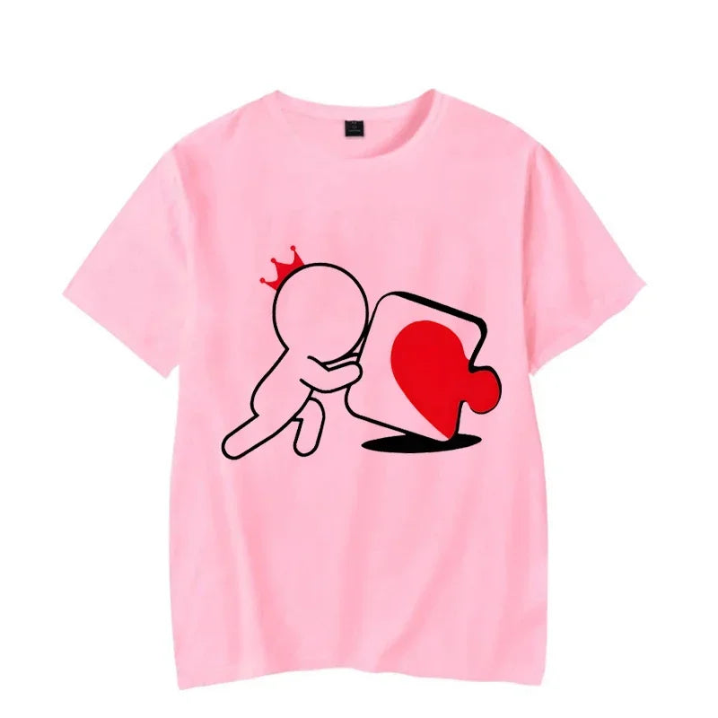 CartoongirlboyheartshapedpuzzleprintcoupleTshirt shortsleeved loose king queenTshirt fashionable trendcouplehirt women's T-shirt