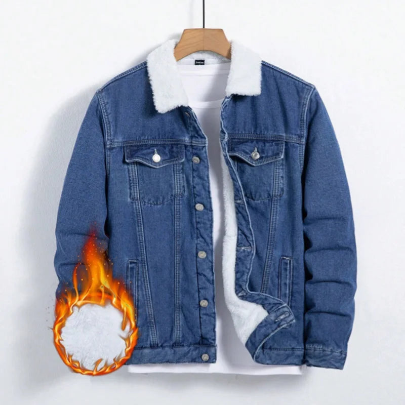 Men Denim Top"Blue Sherpa Fleece Lined Denim Jacket Lamb Fur Collar"