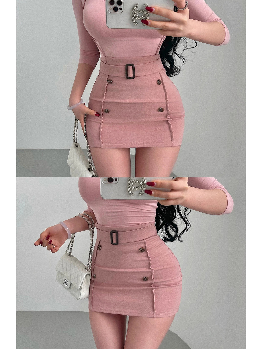 Women Skirt "Sexy High Waist Short Skirt with Button Decoration Belted Hanging Neck Bodycon Half-length"