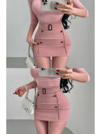 Women Skirt "Sexy High Waist Short Skirt with Button Decoration Belted Hanging Neck Bodycon Half-length"