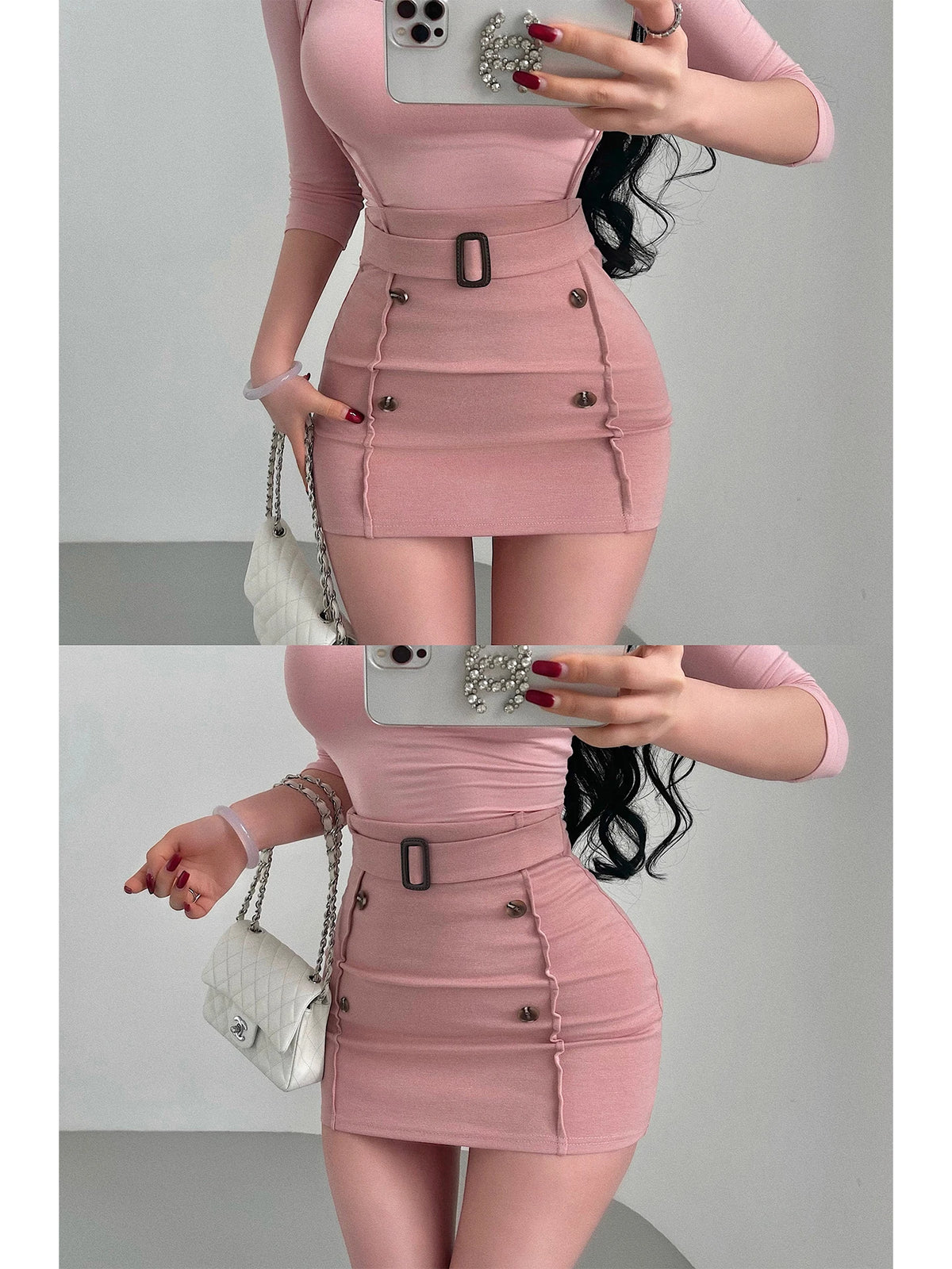 Women Skirt "Sexy High Waist Short Skirt with Button Decoration Belted Hanging Neck Bodycon Half-length"