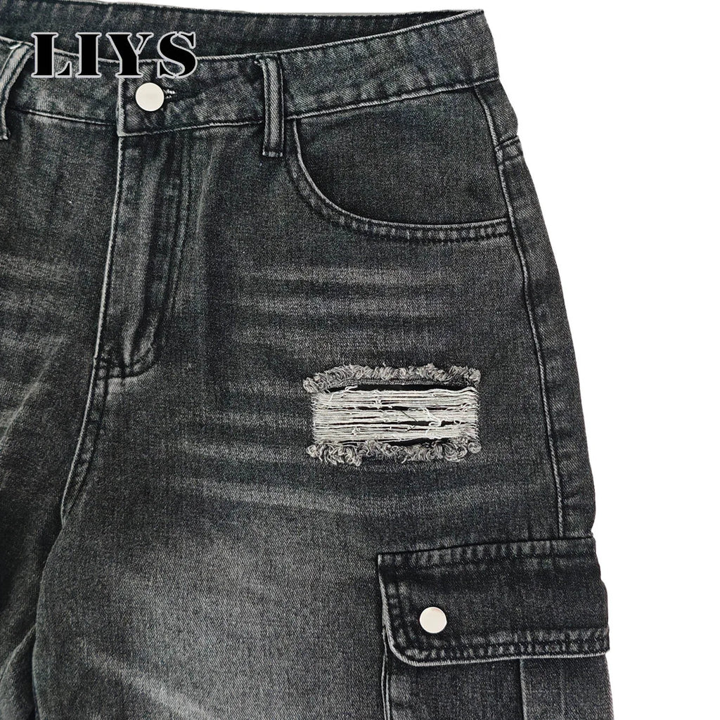Men Cargo Pants "LIYS Men Retro Black Wash Multi Pocket Cargo Jeans Ripped Baggy"