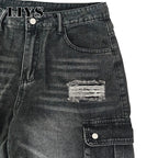 Men Cargo Pants "LIYS Men Retro Black Wash Multi Pocket Cargo Jeans Ripped Baggy"