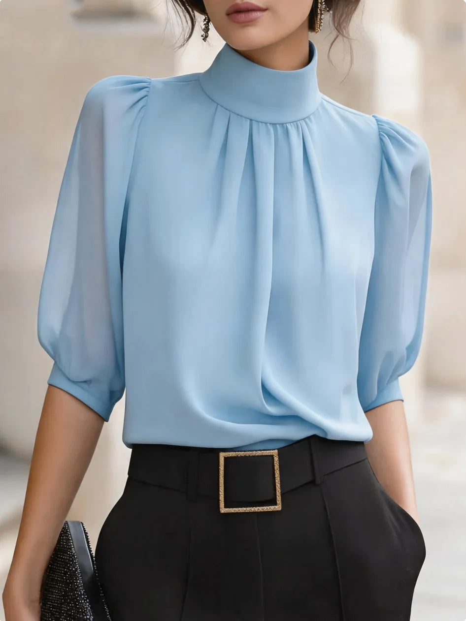 Women Blouse & Shirt "Mock Neck Gathered Front Puff Elbow Sleeve Chiffon Blouse"