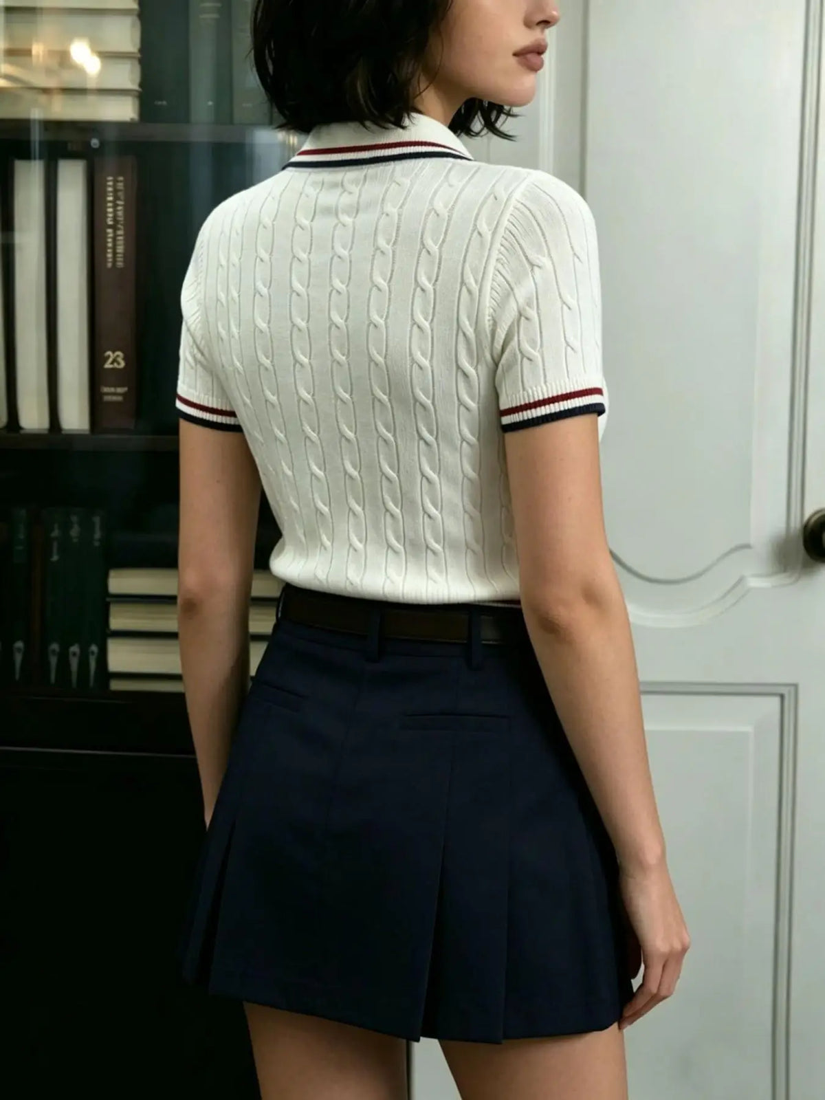 Women T-Shirt & Polo "Short Sleeved Polo Neck Casual Knitted Top, College Style"