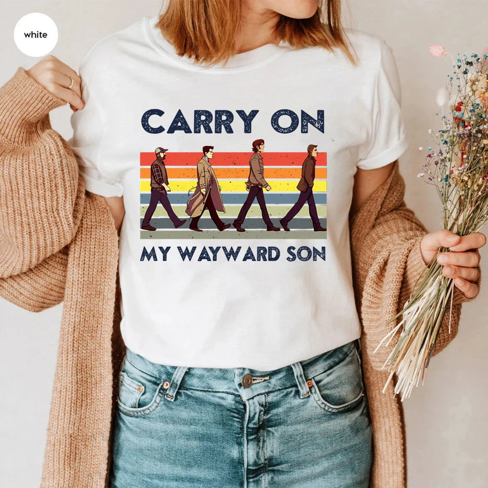 Supernatural Carry on My Wayward Son Vintage T-Shirt Sam and Dean Winchester Brothrs Shirt Trendy Abbey Road Winchester 2025 Top