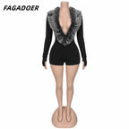 Women Jump Suit "FAGADOER Sexy Fur Patchwork Bodycon Jumpsuits  V-neck Long Sleeves Rompers"