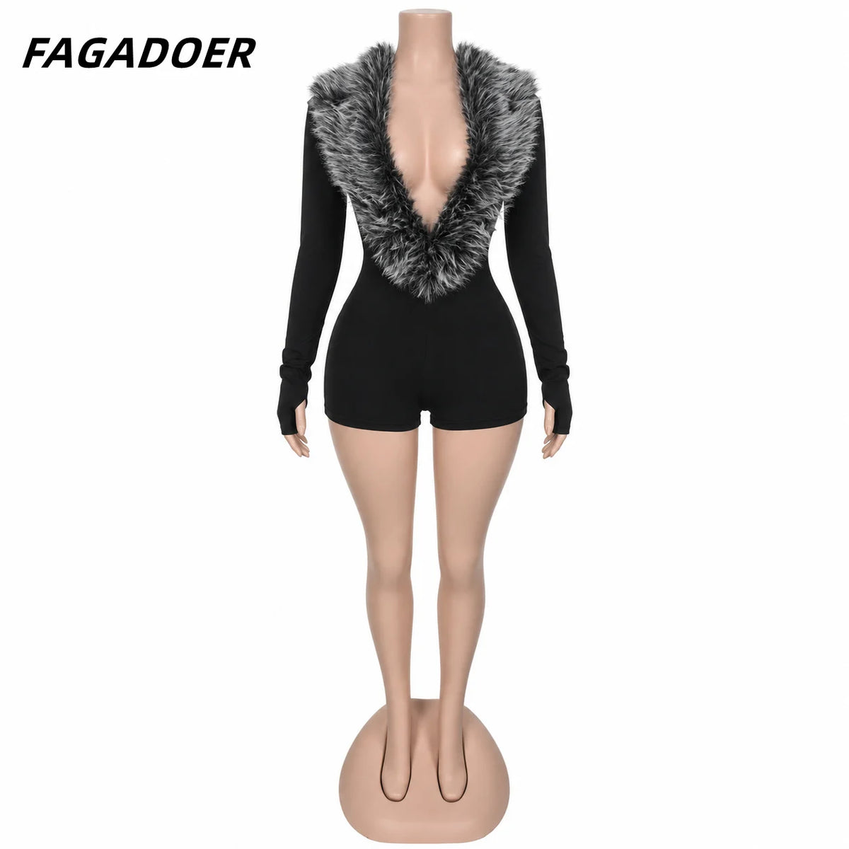 Women Jump Suit "FAGADOER Sexy Fur Patchwork Bodycon Jumpsuits  V-neck Long Sleeves Rompers"