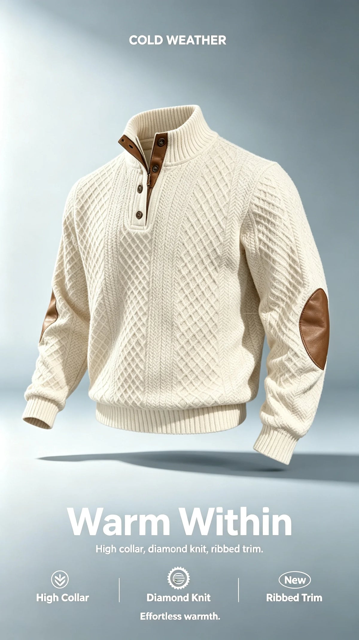 Men Sweater "Stand Collar Button Horse Embroidery Diamond Knit Pullover Elbow Patch"
