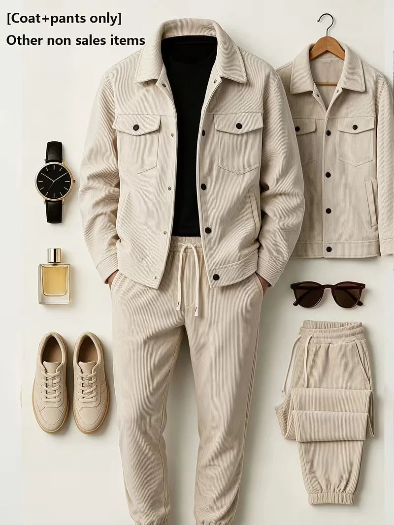 Men Matching Set "Corduroy 2‑Piece Outfit, Lapel Button Jacket and Drawstring Jogger Pants Set"