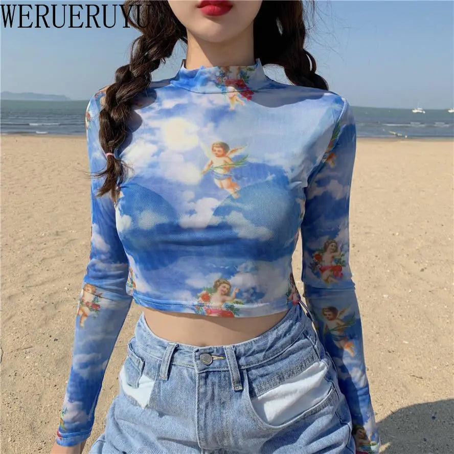 Black Mesh Angel Pattern T Shirt Sexy Crop Top Women Clothes Summer Long Sleeve Graphic Transparent Turtleneck Short Tshirts New