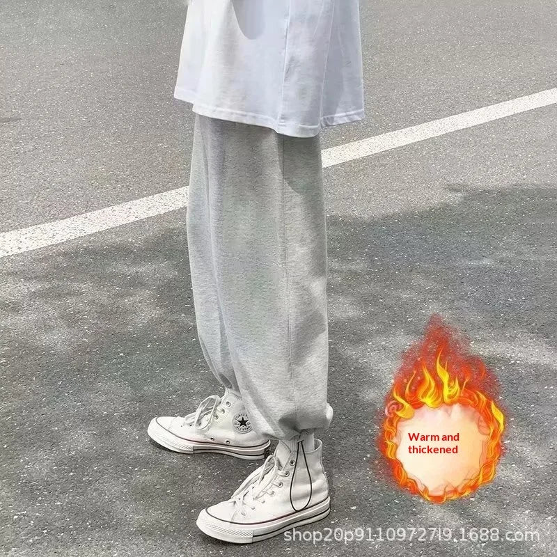 Women Casual Jogger Pants High Waist Elastic Cuff Sweatpants 2025 New American Style Loose Wide Leg Warm Fleece Lined Pants for