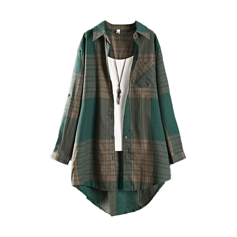 Women Blouze & Shirt "Checkered Shirt Woman Women's Buttoned Shirts Linen Blouses"