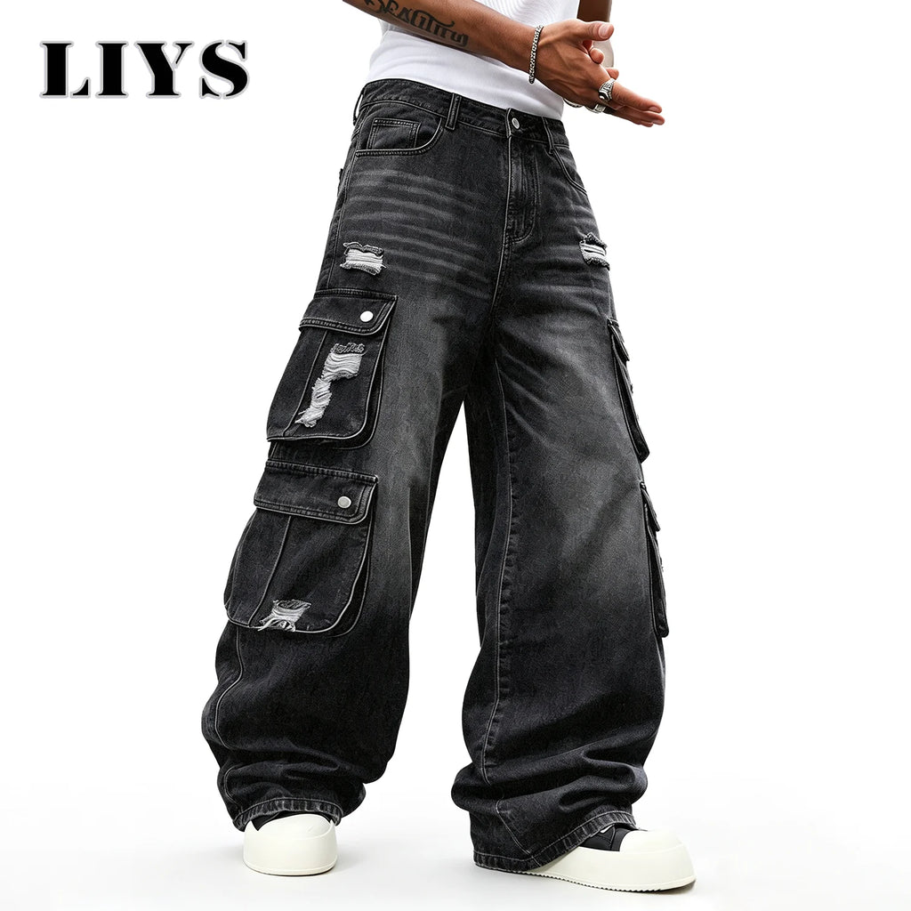 Men Cargo Pants "LIYS Men Retro Black Wash Multi Pocket Cargo Jeans Ripped Baggy"