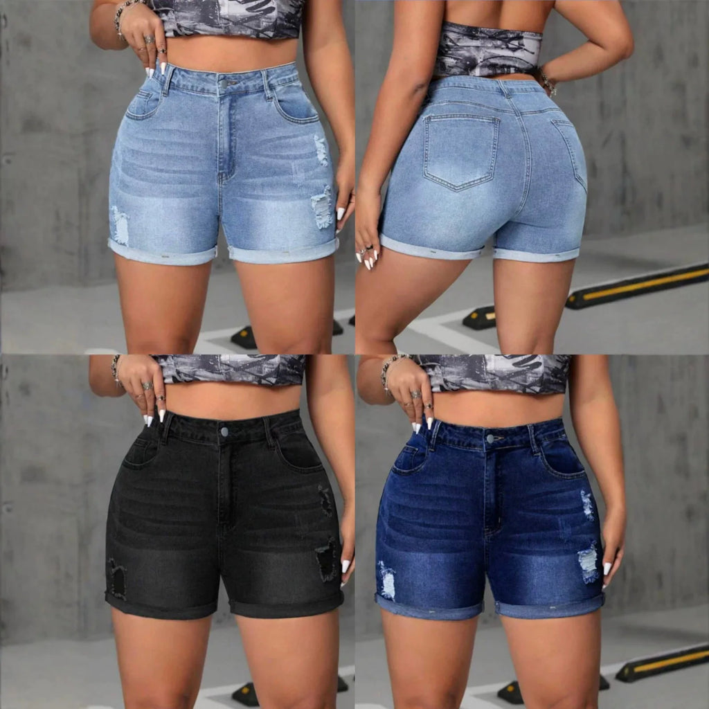 Women Short "Fashion Casual Ripped Denim Shorts Crimped Shorts Elastic High Waist Denim Shorts"