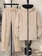 Men Matching Set "Tracksuit Set Textured Full Zip Hooded Jacket + Drawstring Straight Pants"