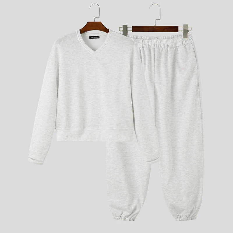 Men Matching Set "INCERUN Men's Sets Solid Color Loose V Neck Long Sleeve Hoodies Pants"