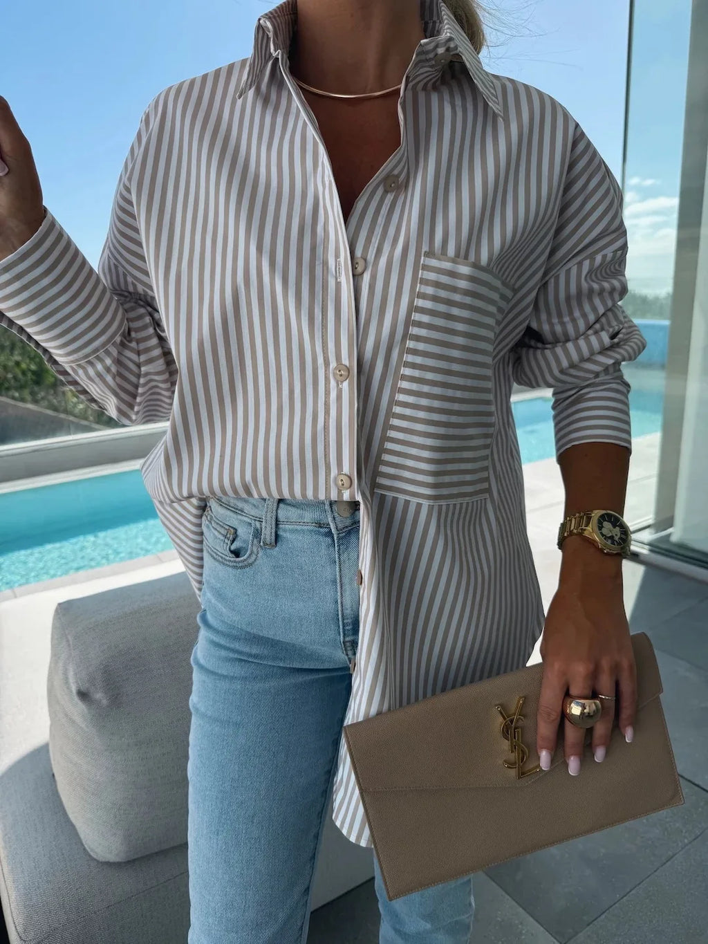 Women Blouse & Shirt "Women's Shirt Long Sleeve Striped Pocket Button Blue Casual Loose Top Street Office Pink Blouses"