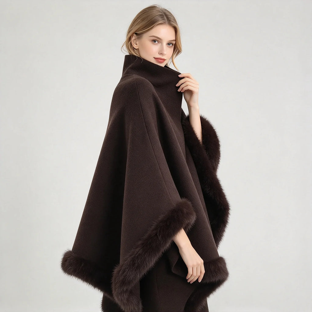 Women Coat & Jacket "LIMO Women High Neck Cape Coat Faux Fur Trim Poncho"