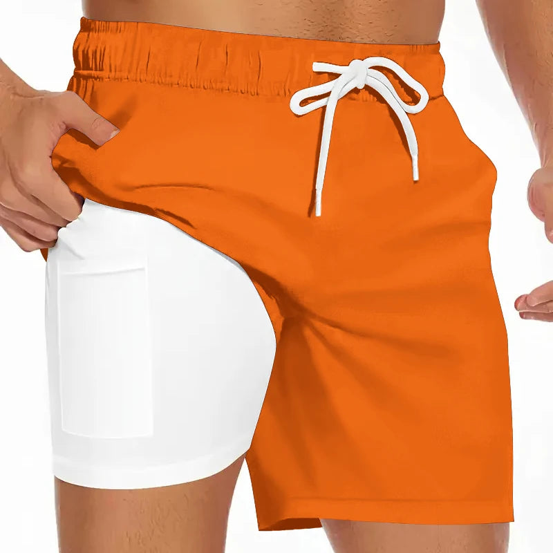 Mens Swim Trunks with Compression Liner Phone Pocket Summer Quick Dry Board Shorts
