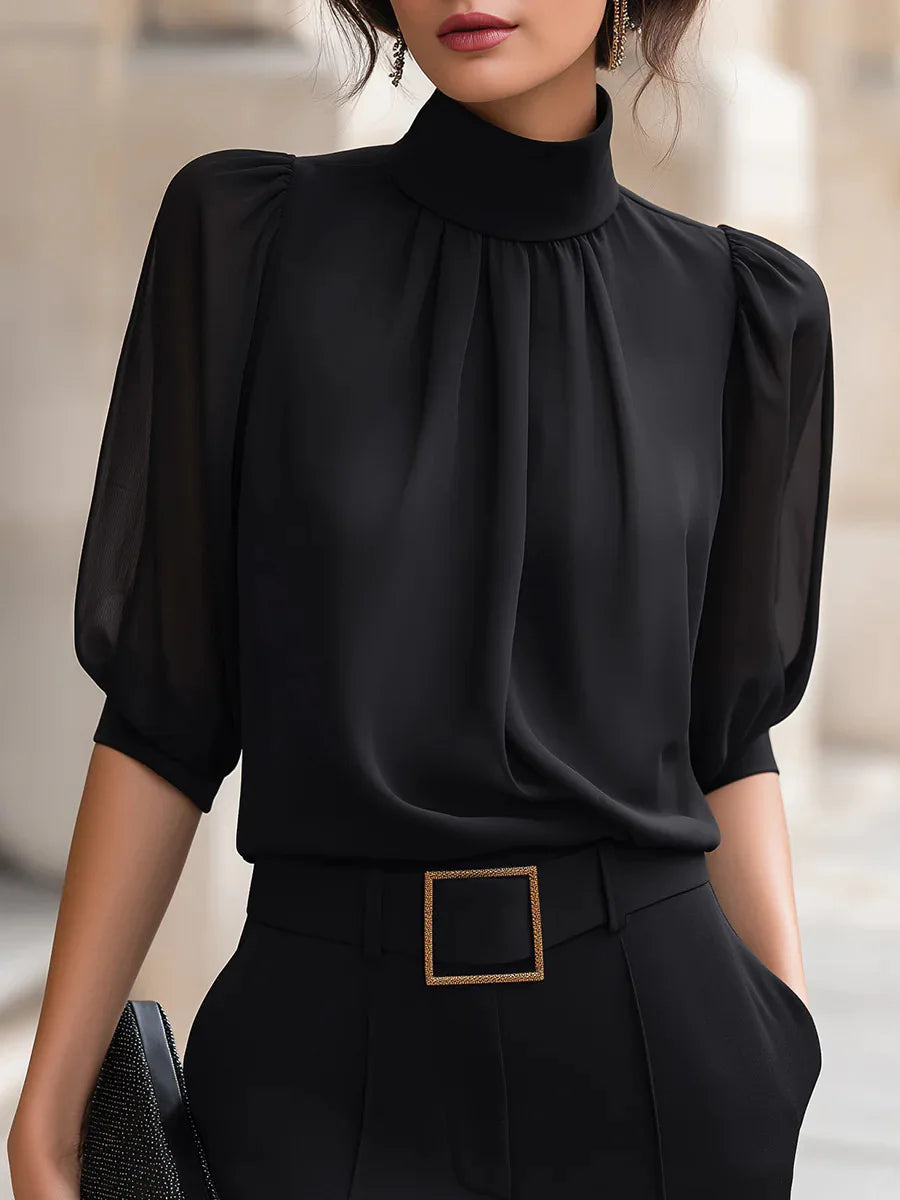 Women Blouse & Shirt "Mock Neck Gathered Front Puff Elbow Sleeve Chiffon Blouse"