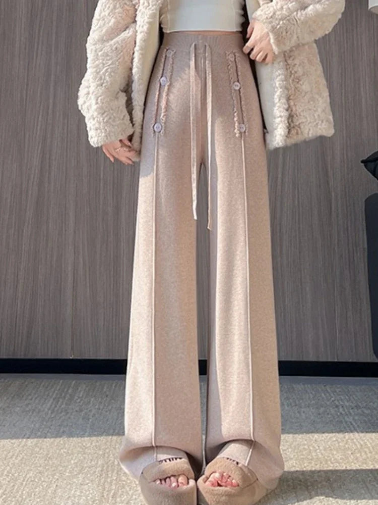 Women Trouser "Fall Winter Thick Draping High Waist Straight Cashmere Floor Length Trousers"