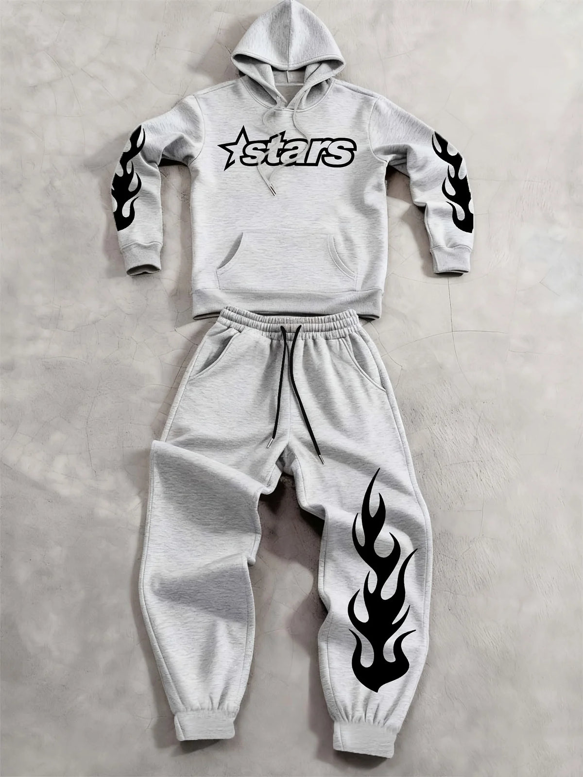 Men Matching Set "Baggy Tracksuit Star Flame Pattern Print Hoodie Pants Set Relaxed"