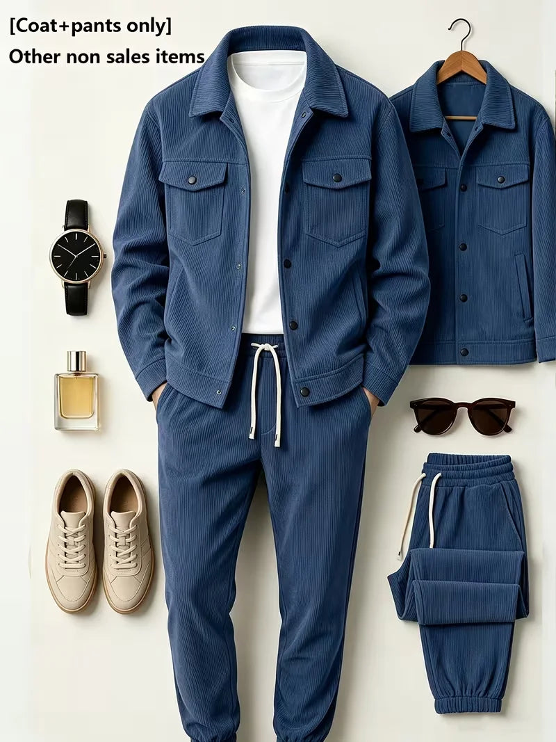 Men Matching Set "Corduroy 2‑Piece Outfit, Lapel Button Jacket and Drawstring Jogger Pants Set"