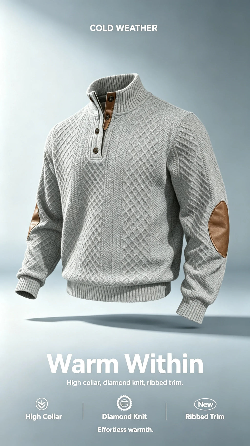 Men Sweater "Stand Collar Button Horse Embroidery Diamond Knit Pullover Elbow Patch"