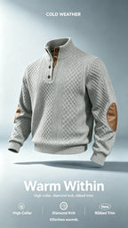 Men Sweater "Stand Collar Button Horse Embroidery Diamond Knit Pullover Elbow Patch"