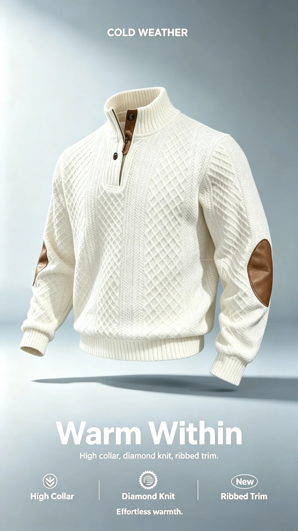 Men Sweater "Stand Collar Button Horse Embroidery Diamond Knit Pullover Elbow Patch"
