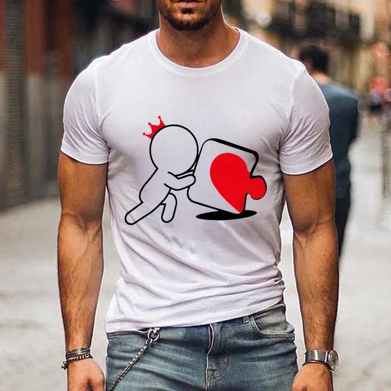 CartoongirlboyheartshapedpuzzleprintcoupleTshirt shortsleeved loose king queenTshirt fashionable trendcouplehirt women's T-shirt
