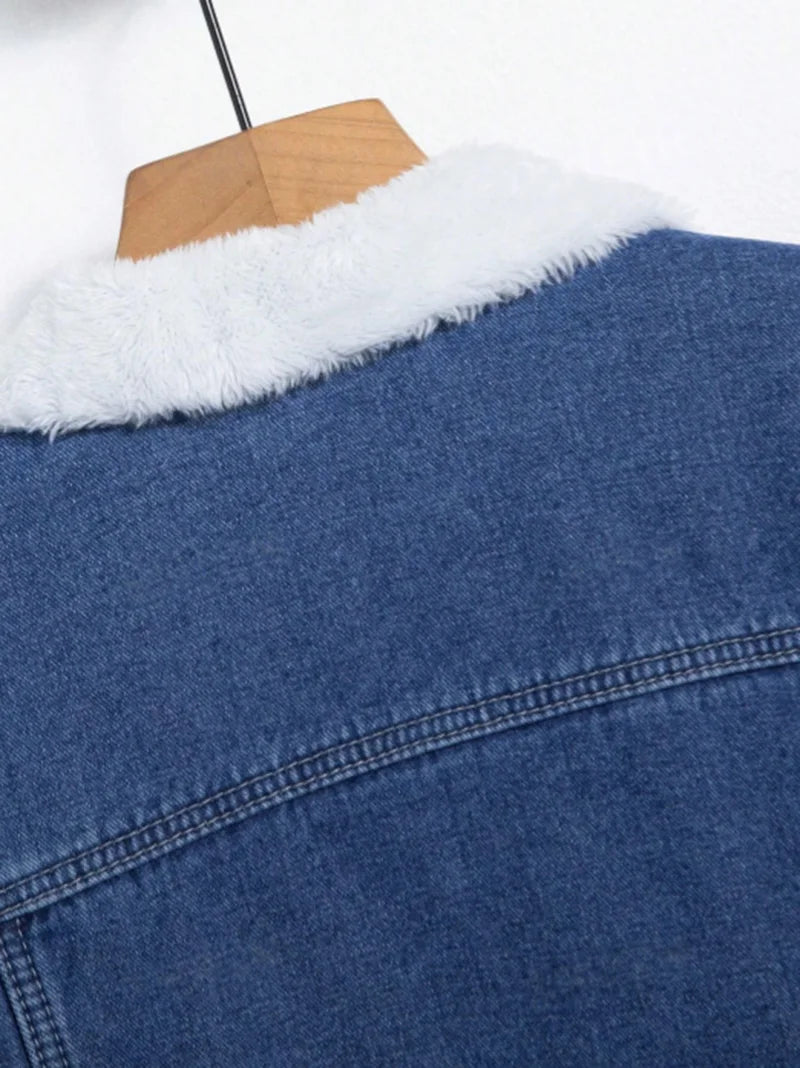 Men Denim Top"Blue Sherpa Fleece Lined Denim Jacket Lamb Fur Collar"
