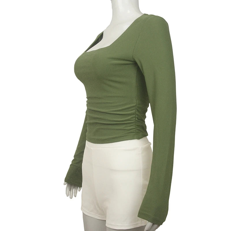 Women T-Shirt & Polo ""Square-Cut Collar T-shirt Slim Long Sleeve Tops Sexy"