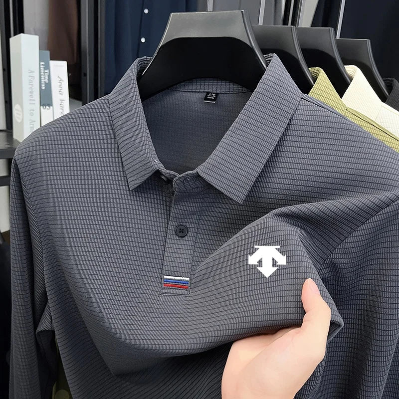 Men Polo Shirt "Luxury Quality Men's Printed Lapel Polo Shirt Wrinkle Resistant Solid Color Long Sleeve"