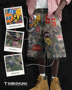 Men Short "Retro Blue Streetwear Patchwork Denim Short Y2K Jeans"