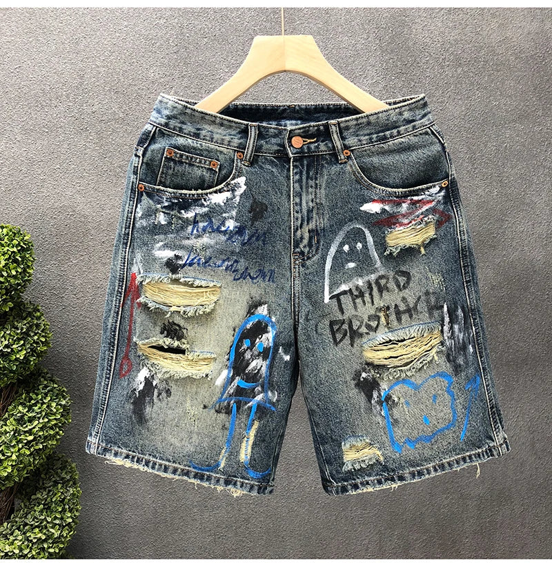 Men Short "Jeans Hip Hop Ripped Multi Color Male Denim Shorts Graphic Harajuku"